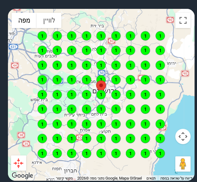 מפת חום של דירוג מקומי בגוגל מפות אחרי הקידום: כל נקודות הגריד ירוקות, כלומר העסק מדורג גבוה בכל האזור