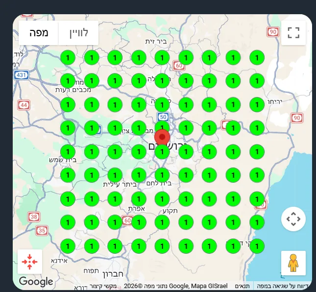 מפת חום של דירוג מקומי בגוגל מפות אחרי הקידום: כל נקודות הגריד ירוקות, כלומר העסק מדורג גבוה בכל האזור