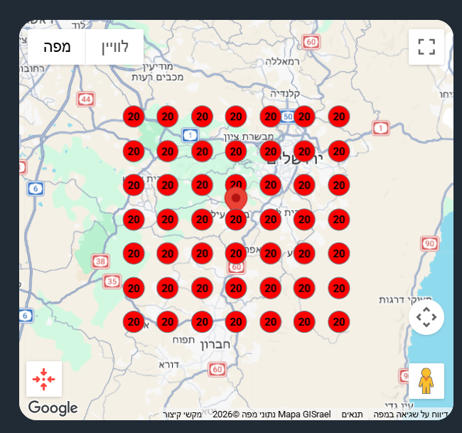 מפת חום של דירוג מקומי בגוגל מפות לפני הקידום: כל נקודות הגריד אדומות, כלומר העסק כמעט לא מופיע באזור