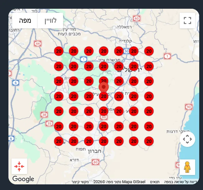 מפת חום של דירוג מקומי בגוגל מפות לפני הקידום: כל נקודות הגריד אדומות, כלומר העסק כמעט לא מופיע באזור